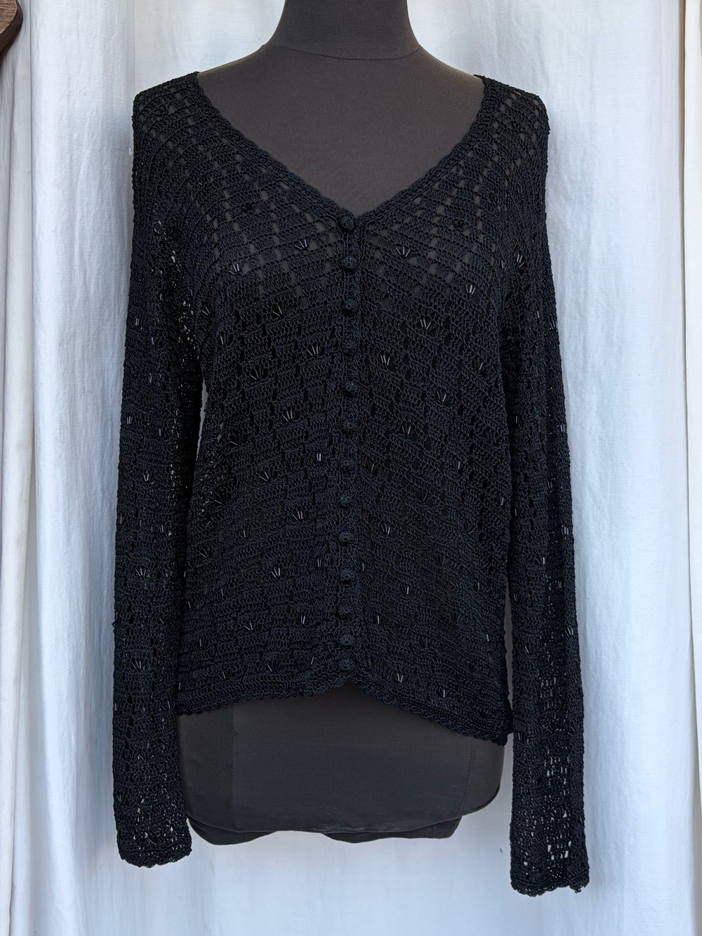 Black Crochet Knit Beaded Button Down Cardigan, Whimsygoth Grunge Festival